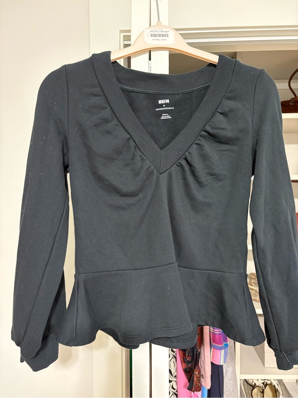 Maeve Anthropologie Black V-Neck Cotton Peplum Sweatshirt